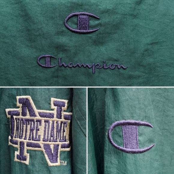 Vintage 90s Champion Notre Dame Collegiate Green Navy Swishy Windbreaker XL - Picture 4 of 7